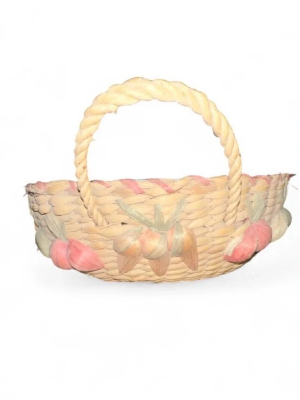 Vintage 70s Handwoven Straw Raffia Flower Accent Basket